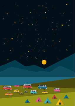 Summer night festival, party music poster, background with retro cars, vans, buses and tent field. Flat design.