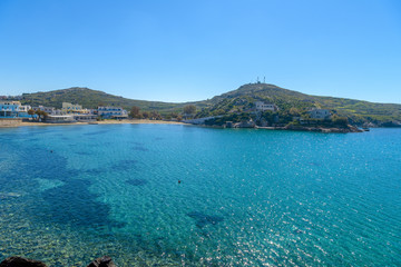 Fototapeta na wymiar Vari beach in Syros, Cyclades, Greece. Panoramic view of one of