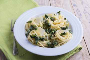 Spaghettis with spinach and Parmesan.