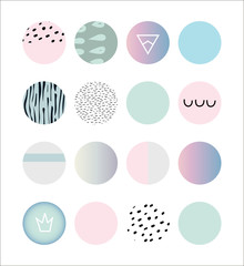 Collection vector circles with different elements. Followed with elements mempship and gradient. Illustrator can use a poster, flyer, cover.