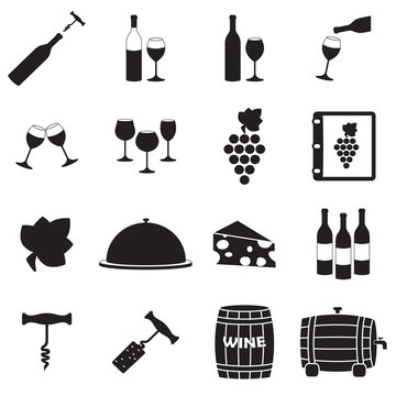 Wine icon set with wine bottle, grape, glass, corkscrew. Vector illustration.