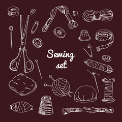 Vector set with sewing equipment. Hand drawn tailor tools.