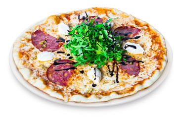 Delicious Italian pizza with salami, arugula and mascarpone