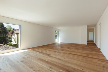 Interior, room with parquet floor and windows