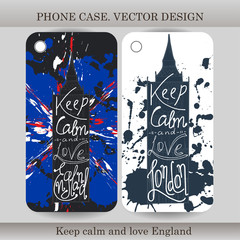 Phone case cover with hand drawn England illustration. Design with flag, building and lettering for gadget. Vector illustration
