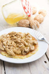 Pancakes with walnut and caramel for a breakfast