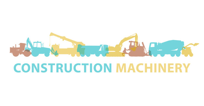 Construction machinery icon symbol. Ground works sign. Machines vehicles brand mark. Heavy construction equipment for building truck, digger, crane, bagger, mix, excavator. Illustration master vector.
