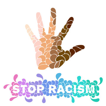 Hand of different colors of human skin with the words Stop Racism made with drop style