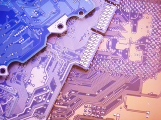Circuit board close-up. Vintage style industrial background.