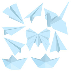Vector Set of Flat Blue Origami Shapes on White Background