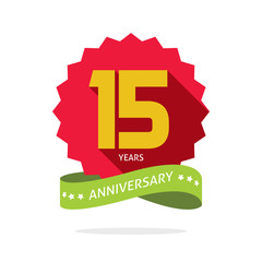 Years 15 anniversary vector label logo, shadow on circle, number 15, 15th years anniversary icon. Fifteen birthday party symbol. Fifteenth promotion sale sticker ribbon, poster, emblem