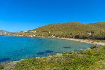 Fototapeta na wymiar Beautiful sandy beach in Syros, Cyclades, Greece. Crystal clear
