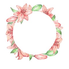 3 lilies. Background. Isolated on white. Watercolor illustration. Handmade drawing.