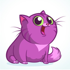 Vector illustration of a cute smiling purple fat cat. Fat striped cat cartoon 