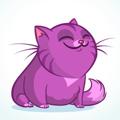 Vector illustration of a cute smiling purple fat cat with eyes closed. Fat striped cat cartoon 