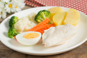 Clean food, Boiled chicken breasts and egg with vegetables.