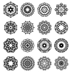 Set of abstract design element. Round mandalas in vector. Graphic template for your design. Decorative retro ornament. Hand drawn background with flowers.