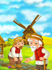 Beautifully colored scene with cartoon character - old man standing and talking or greeting someone or son - windmill in the background - illustration for children