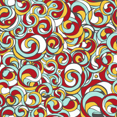 Fototapeta premium Beautiful seamless color pattern in doodle style, hand-drawn. Bright interlacing loops, waves and curls, juicy summer colors perfect for decoration fabrics, packaging, web design. Vector pattern.