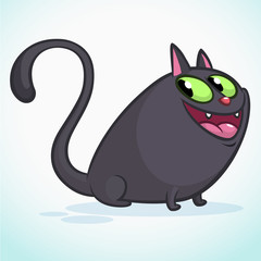 Vector illustration of a cute smiling black fat cat. Fat cat cartoon. Halloween witch cat