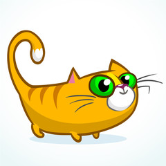 Illustration of an orange striped cat with big eyes sitting and smiling. Cute kitty vector logo