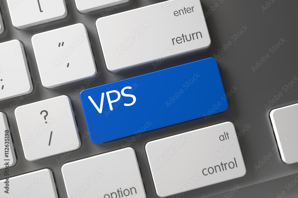 Poster vps on slim aluminum keyboard background. concept of vps, with vps on blue enter key on laptop keybo