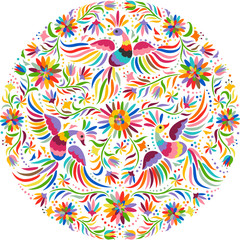 Naklejki  Haft meksykański okrągły wzór. Kolorowy i ozdobny wzór etniczny. Ptaki i kwiaty jasne tło. Tle kwiatów z jasnym ornamentem etnicznym.