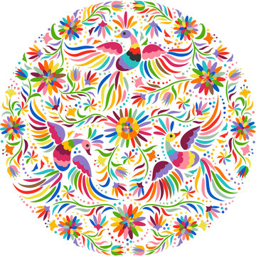 Mexican embroidery round pattern. Colorful and ornate ethnic pattern. Birds and flowers light background. Floral background with bright ethnic ornament.