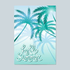 Hello Summer. Typographic sea background with palm trees.