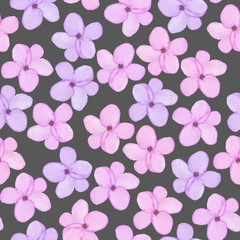 A seamless floral pattern with watercolor hand-drawn tender purple and pink spring flowers, painted on a dark background