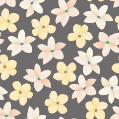 A seamless floral pattern with watercolor hand-drawn tender pink spring flowers, painted on a dark background