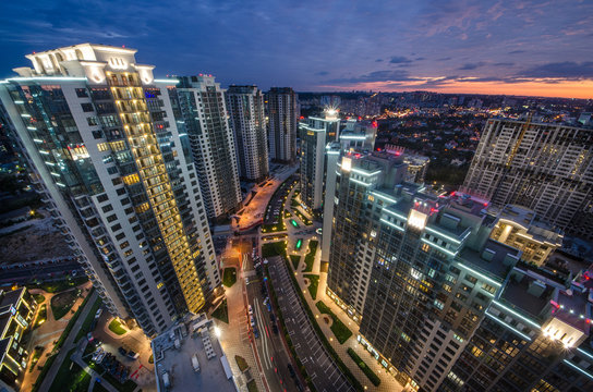 Night Panorama Kiev, Aerial View In Kiev, Pechersk