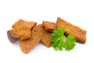 Bread croutons isolated on a white background.