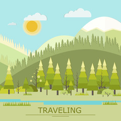 Summer Traveling Vector Illustration. Landscape with Mountain Pe