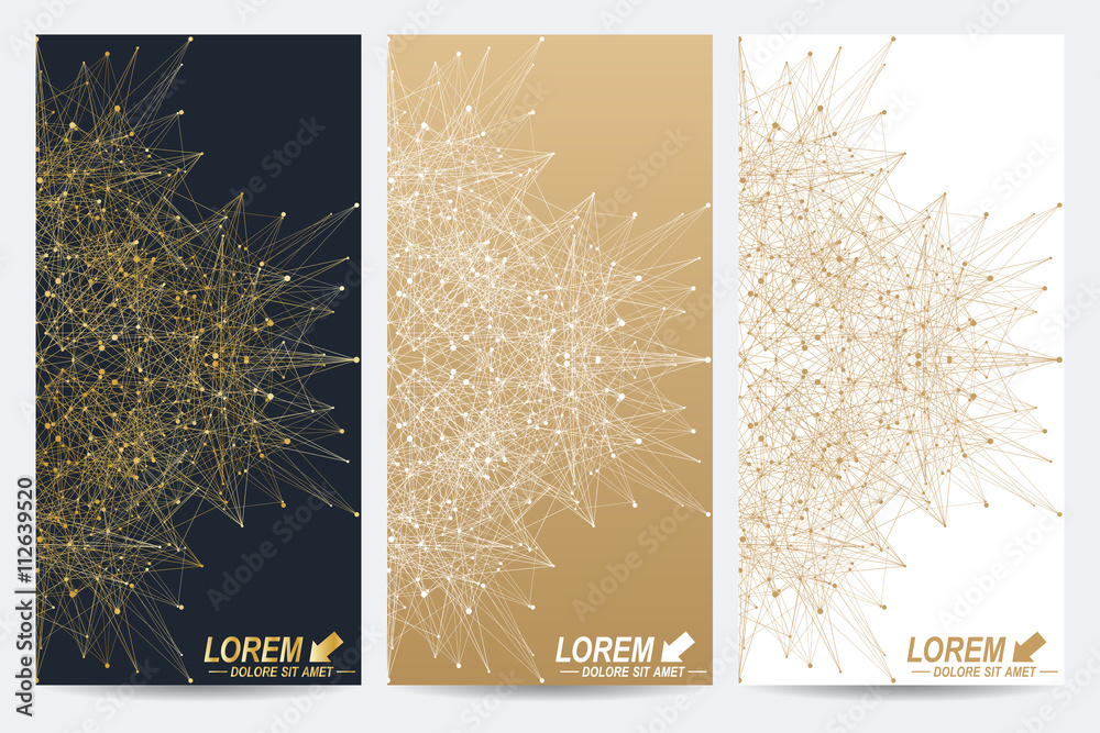 Poster modern set of vector flyers. molecule and communication background. geometric abstract round golden 