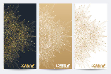 Modern set of vector flyers. Molecule and communication background. Geometric abstract round golden forms. Connected line with dots. Graphic composition for medicine, science, technology, chemistry.