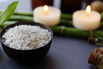 Beautiful composition of spa treatment on grey background