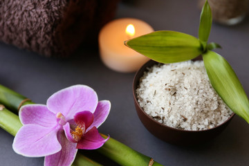 Beautiful composition of spa treatment on grey background