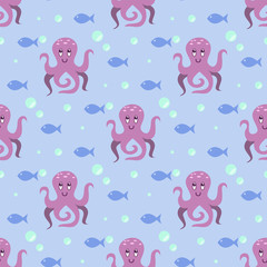 Funny octopus pattern, Seamless vector illustration with octopus, fish, bubbles, underwater life