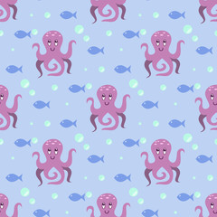 Funny octopus pattern, Seamless vector illustration with octopus, fish, bubbles, underwater life