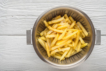 Fried potatoes in a metal pan on the table