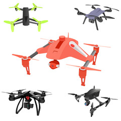 Set of cartoon drones. Isometric. Vector illustration.