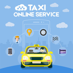 Fototapeta na wymiar Taxi service. Flat icon taxi service. Flat yellow taxi with a driver traveling on the road. Car front view. Taxi online infographic icons. Application for taxi online. Taxi logo vector.
