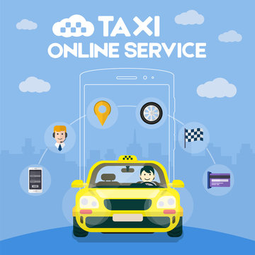 Taxi service. Flat icon taxi service. Flat yellow taxi with a driver traveling on the road. Car front view. Taxi online infographic icons. Application for taxi online. Taxi logo vector.