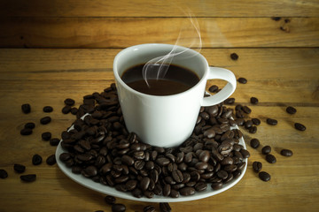 Coffee and saucer on a wood.
