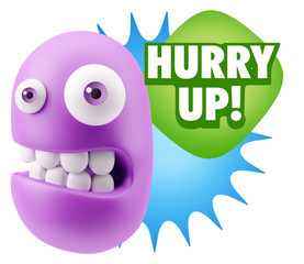 3d Rendering Smile Character Emoticon Expression saying Hurry Up