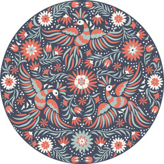Mexican embroidery round pattern. Red and back ornate ethnic pattern. Birds and flowers dark background. Floral background with bright ethnic ornament.