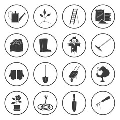 Set of Garden Tools, Round Icons Gardening Equipment , Silhouette Agricultural Tool , Vector Illustration