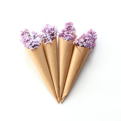 Simple bouquets, lilac flowers, flat lay, top view
