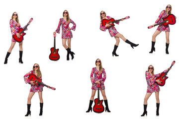 Woman guitar player isolated on white